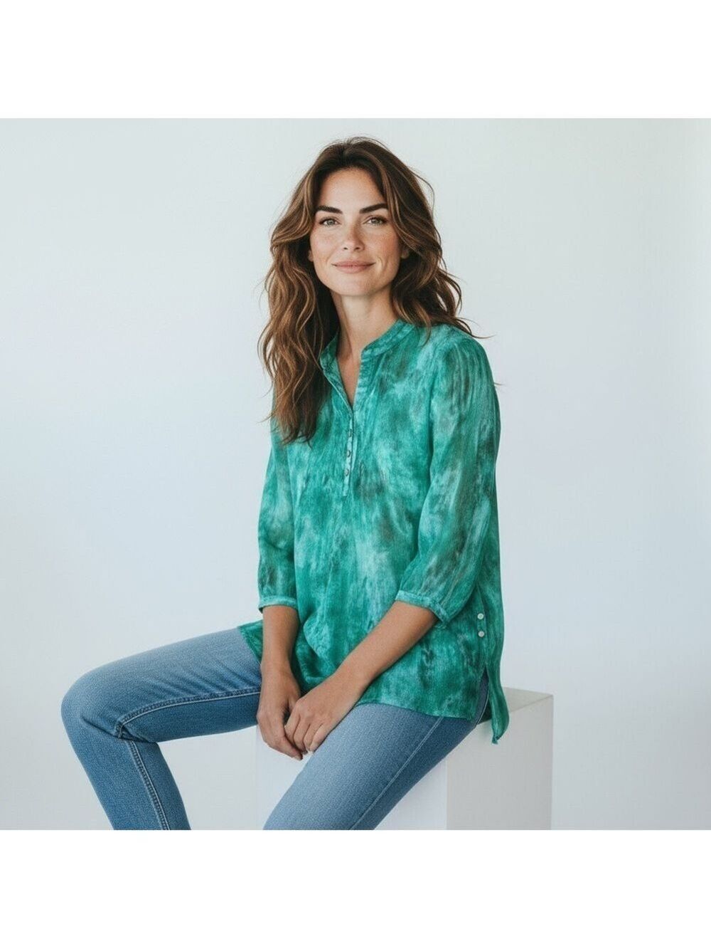 Chico's Summer 3/4 Sleeve Button Up Sheer Tie Dye Blouse, Size 2